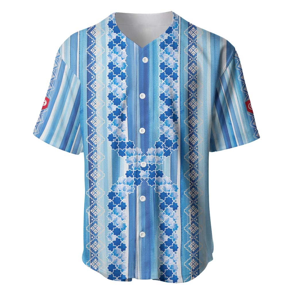 Tunisian Mosaic Pattern Baseball Jersey with Blue Stripes and Traditional Tile Design
