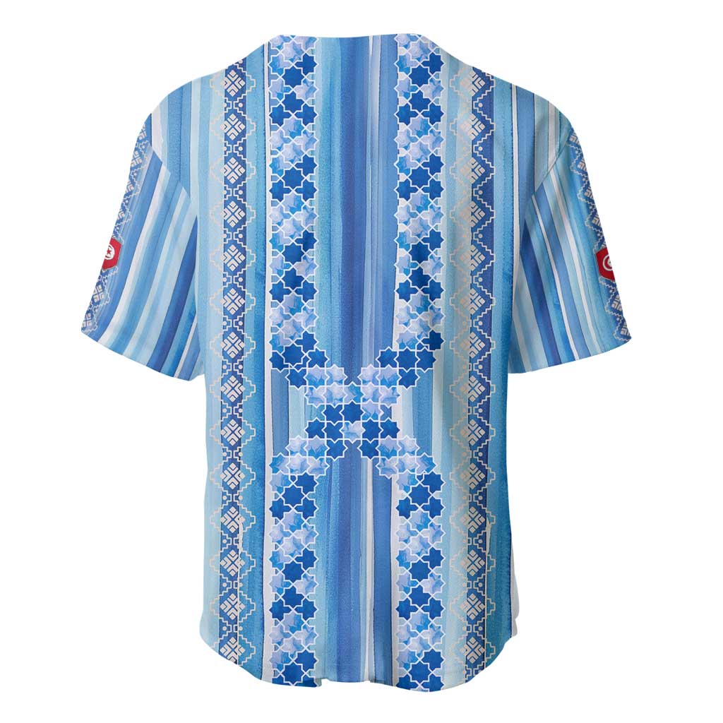 Tunisian Mosaic Pattern Baseball Jersey with Blue Stripes and Traditional Tile Design