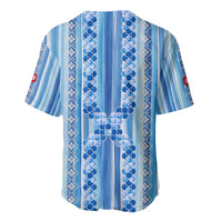 Tunisian Mosaic Pattern Baseball Jersey with Blue Stripes and Traditional Tile Design