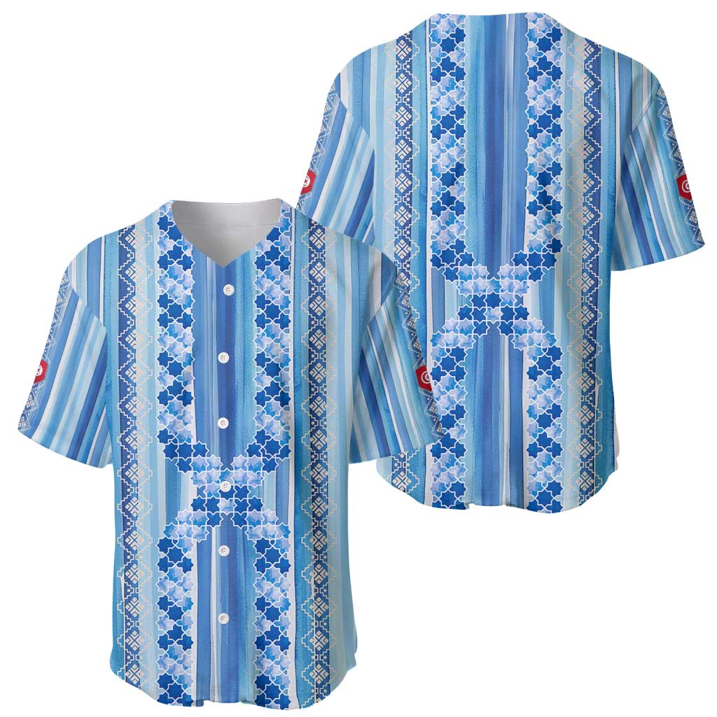 Tunisian Mosaic Pattern Baseball Jersey with Blue Stripes and Traditional Tile Design