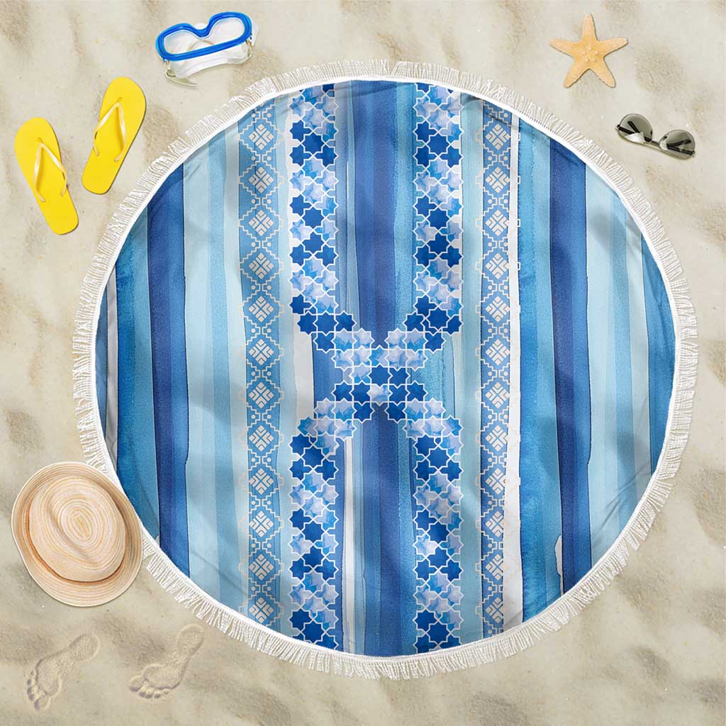 Tunisian Mosaic Pattern Beach Blanket with Blue Stripes and Traditional Tile Design