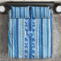 Tunisian Mosaic Pattern Bedding Set with Blue Stripes and Traditional Tile Design