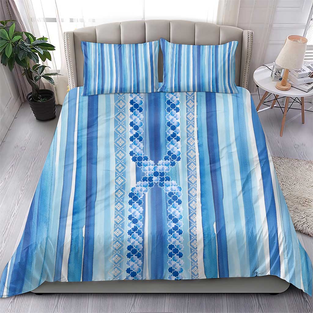 Tunisian Mosaic Pattern Bedding Set with Blue Stripes and Traditional Tile Design