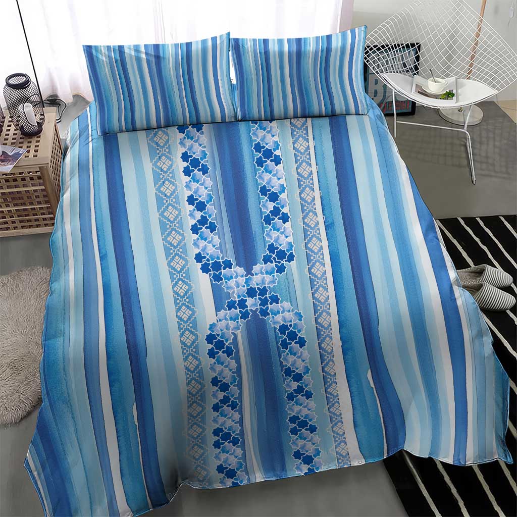 Tunisian Mosaic Pattern Bedding Set with Blue Stripes and Traditional Tile Design