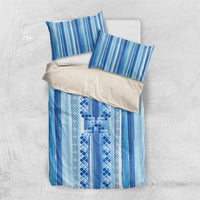Tunisian Mosaic Pattern Bedding Set with Blue Stripes and Traditional Tile Design