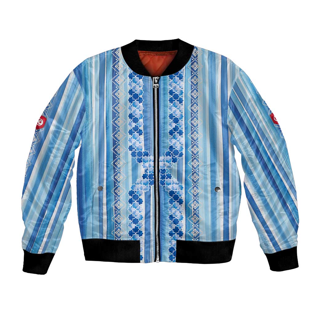 Tunisian Mosaic Pattern Bomber Jacket with Blue Stripes and Traditional Tile Design