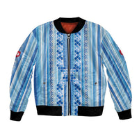 Tunisian Mosaic Pattern Bomber Jacket with Blue Stripes and Traditional Tile Design