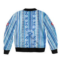Tunisian Mosaic Pattern Bomber Jacket with Blue Stripes and Traditional Tile Design