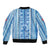 Tunisian Mosaic Pattern Bomber Jacket with Blue Stripes and Traditional Tile Design