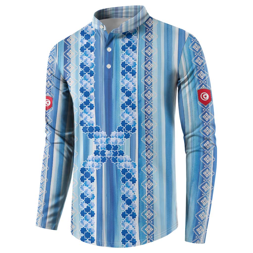 Tunisian Mosaic Pattern Button Sweatshirt with Blue Stripes and Traditional Tile Design