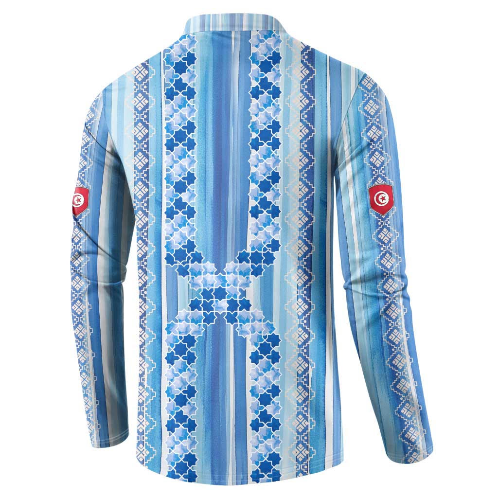 Tunisian Mosaic Pattern Button Sweatshirt with Blue Stripes and Traditional Tile Design
