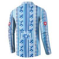 Tunisian Mosaic Pattern Button Sweatshirt with Blue Stripes and Traditional Tile Design