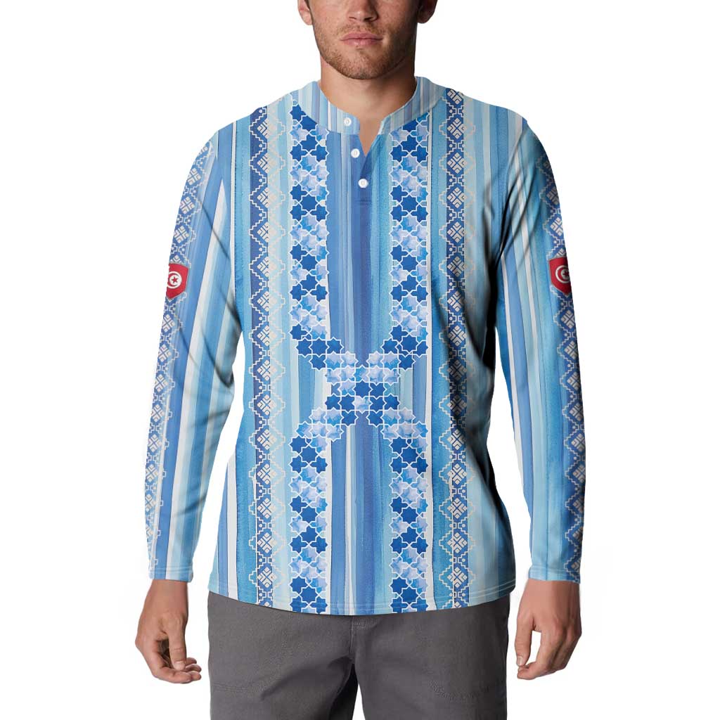 Tunisian Mosaic Pattern Button Sweatshirt with Blue Stripes and Traditional Tile Design