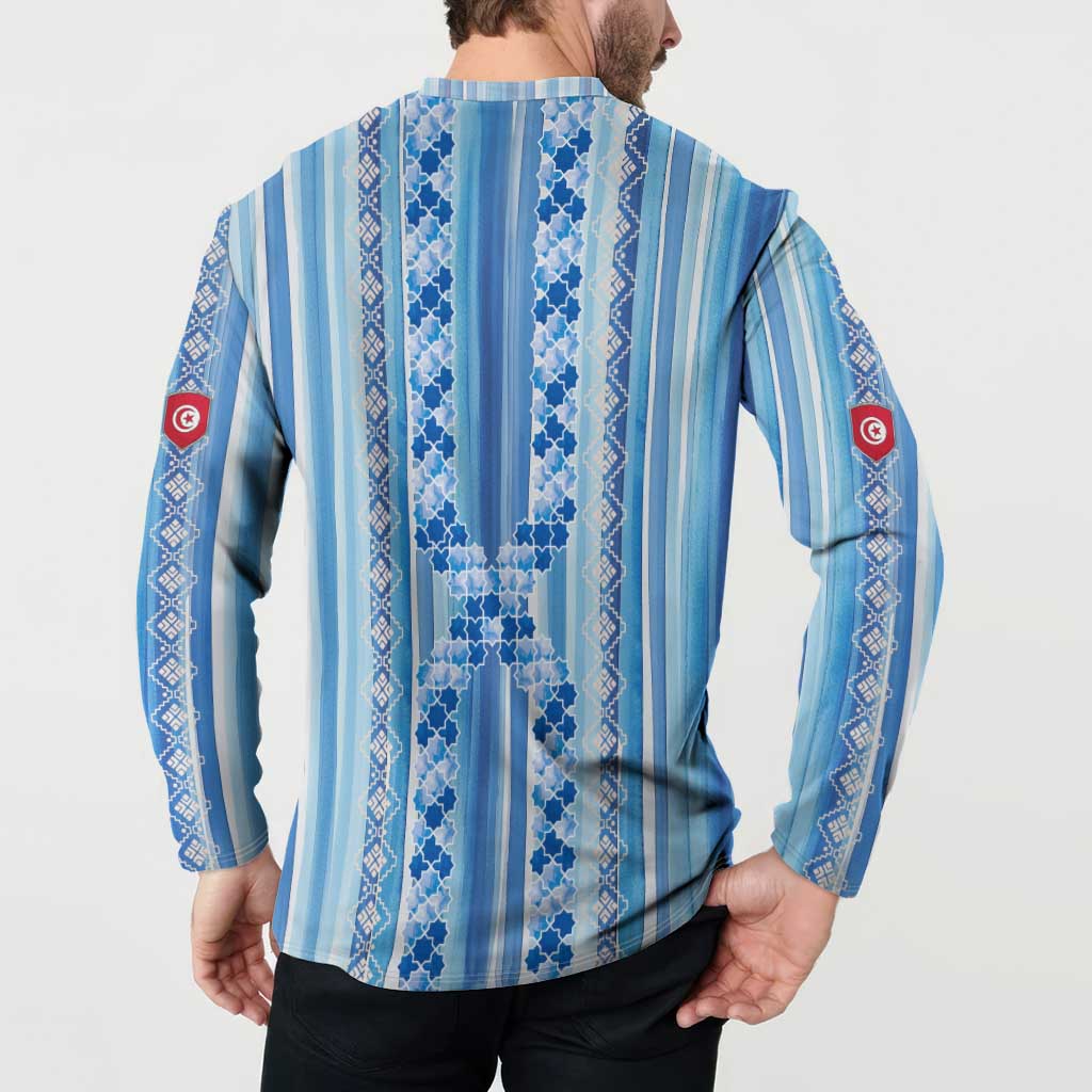 Tunisian Mosaic Pattern Button Sweatshirt with Blue Stripes and Traditional Tile Design