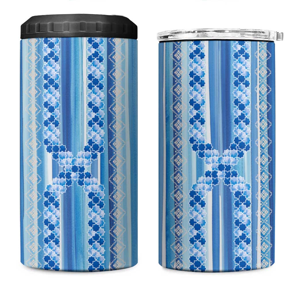 Tunisian Mosaic Pattern 4 in 1 Can Cooler Tumbler with Blue Stripes and Traditional Tile Design