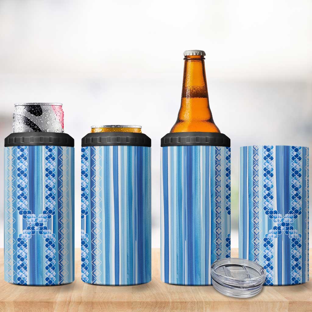 Tunisian Mosaic Pattern 4 in 1 Can Cooler Tumbler with Blue Stripes and Traditional Tile Design