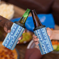 Tunisian Mosaic Pattern 4 in 1 Can Cooler Tumbler with Blue Stripes and Traditional Tile Design