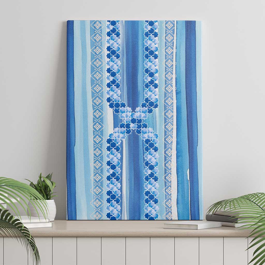 Tunisian Mosaic Pattern Canvas Wall Art with Blue Stripes and Traditional Tile Design