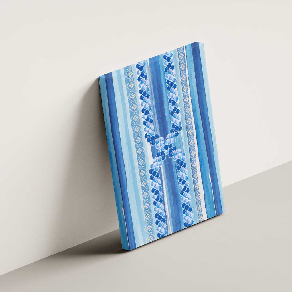 Tunisian Mosaic Pattern Canvas Wall Art with Blue Stripes and Traditional Tile Design