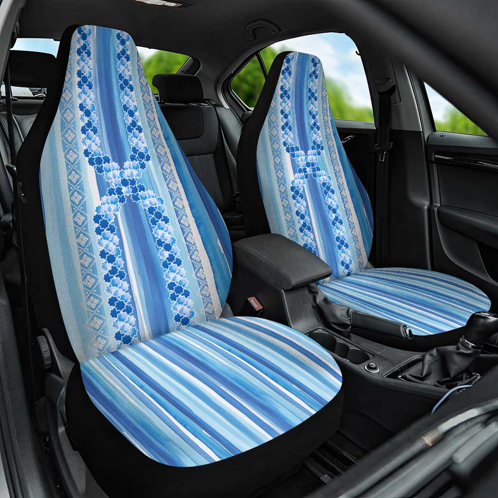 Tunisian Mosaic Pattern Car Seat Cover with Blue Stripes and Traditional Tile Design