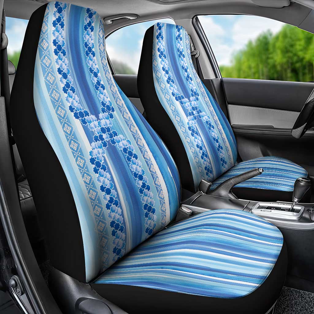 Tunisian Mosaic Pattern Car Seat Cover with Blue Stripes and Traditional Tile Design