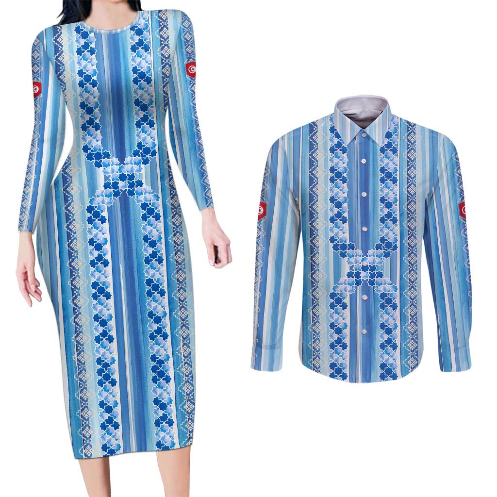 Tunisian Mosaic Pattern Couples Matching Long Sleeve Bodycon Dress and Long Sleeve Button Shirt with Blue Stripes and Traditional Tile Design
