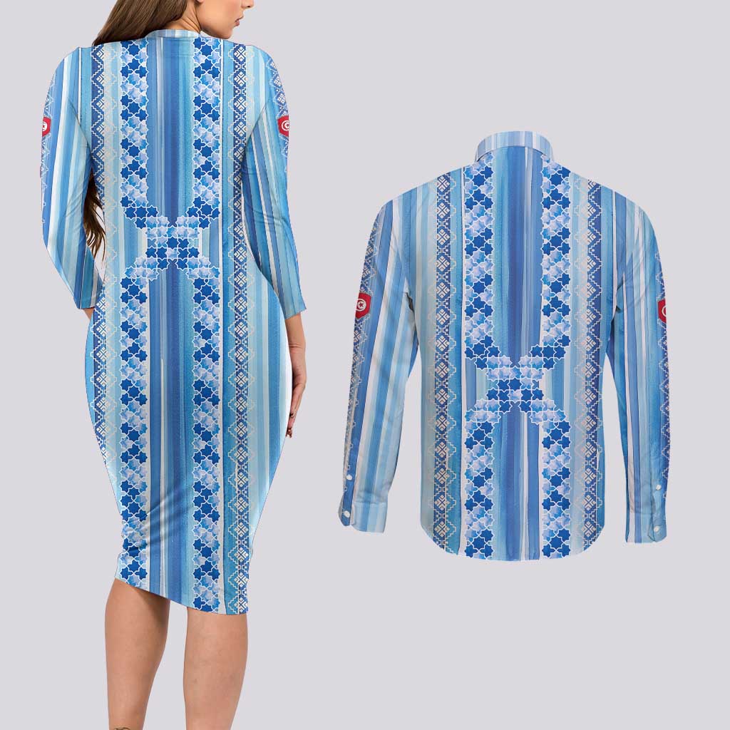 Tunisian Mosaic Pattern Couples Matching Long Sleeve Bodycon Dress and Long Sleeve Button Shirt with Blue Stripes and Traditional Tile Design