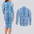 Tunisian Mosaic Pattern Couples Matching Long Sleeve Bodycon Dress and Long Sleeve Button Shirt with Blue Stripes and Traditional Tile Design