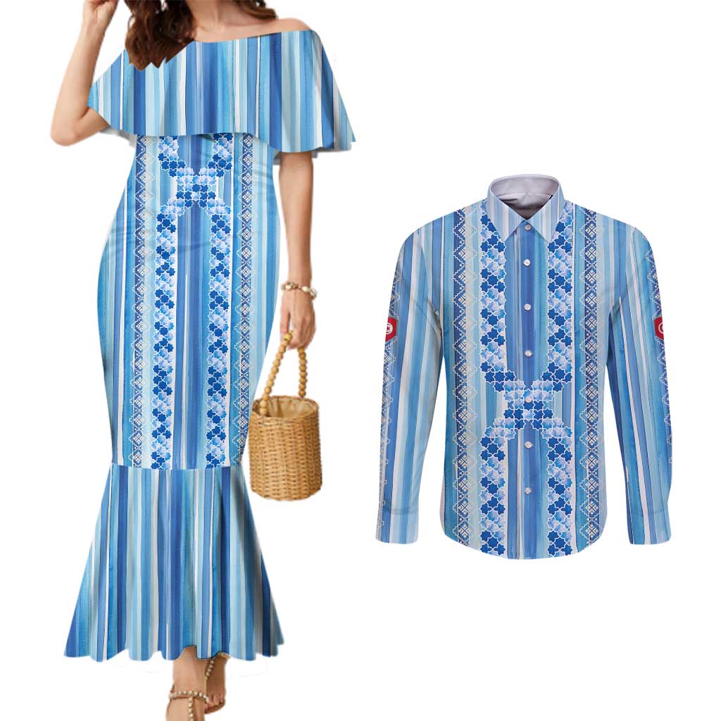 Tunisian Mosaic Pattern Couples Matching Mermaid Dress and Long Sleeve Button Shirt with Blue Stripes and Traditional Tile Design