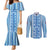 Tunisian Mosaic Pattern Couples Matching Mermaid Dress and Long Sleeve Button Shirt with Blue Stripes and Traditional Tile Design