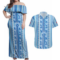 Tunisian Mosaic Pattern Couples Matching Off Shoulder Maxi Dress and Hawaiian Shirt with Blue Stripes and Traditional Tile Design