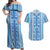 Tunisian Mosaic Pattern Couples Matching Off Shoulder Maxi Dress and Hawaiian Shirt with Blue Stripes and Traditional Tile Design
