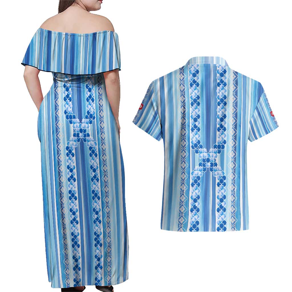 Tunisian Mosaic Pattern Couples Matching Off Shoulder Maxi Dress and Hawaiian Shirt with Blue Stripes and Traditional Tile Design