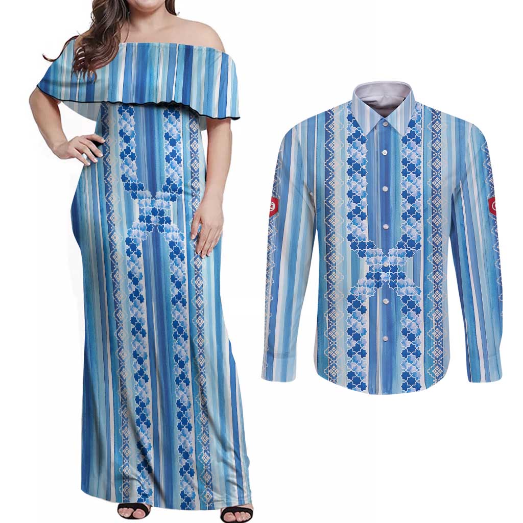 Tunisian Mosaic Pattern Couples Matching Off Shoulder Maxi Dress and Long Sleeve Button Shirt with Blue Stripes and Traditional Tile Design
