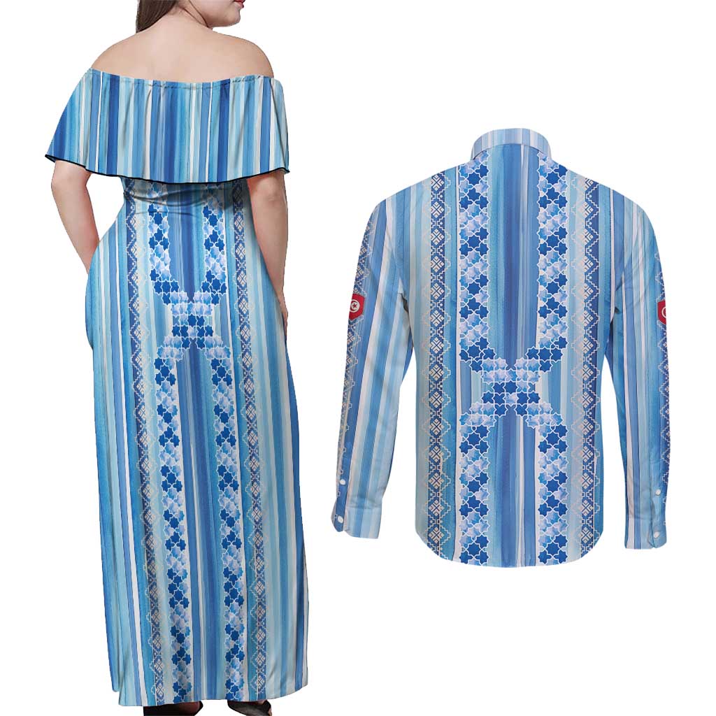 Tunisian Mosaic Pattern Couples Matching Off Shoulder Maxi Dress and Long Sleeve Button Shirt with Blue Stripes and Traditional Tile Design