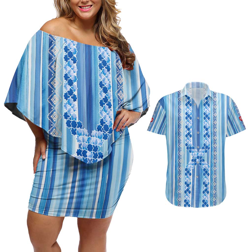Tunisian Mosaic Pattern Couples Matching Off Shoulder Short Dress and Hawaiian Shirt with Blue Stripes and Traditional Tile Design