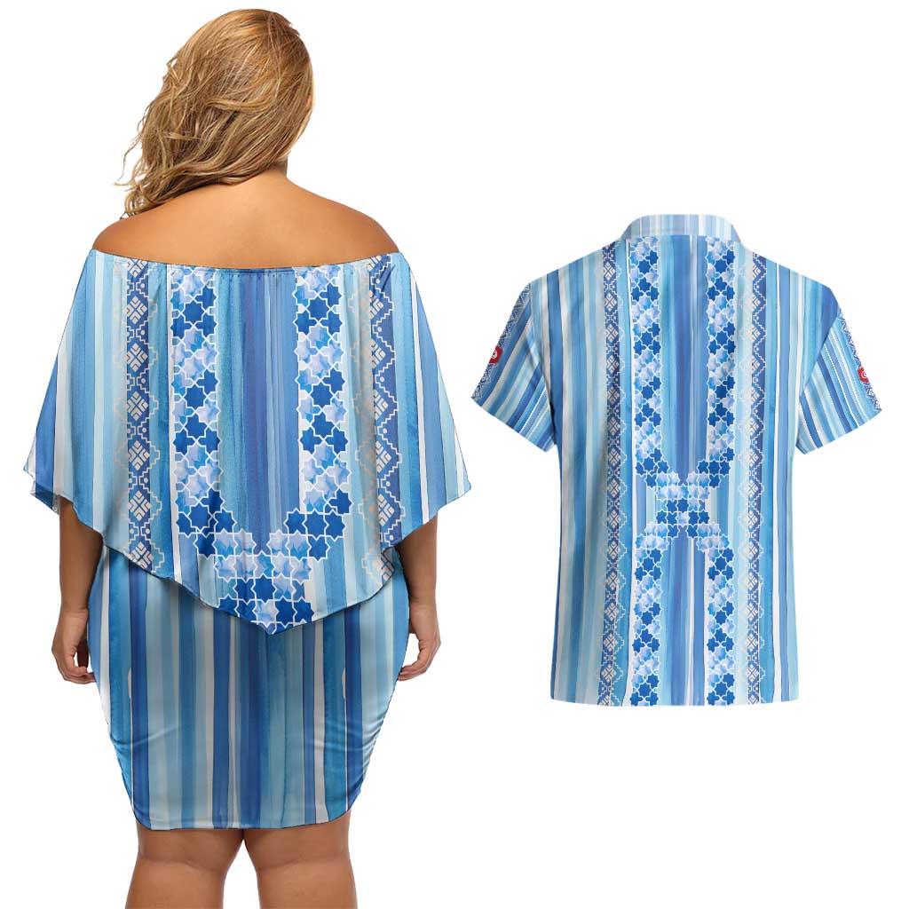 Tunisian Mosaic Pattern Couples Matching Off Shoulder Short Dress and Hawaiian Shirt with Blue Stripes and Traditional Tile Design