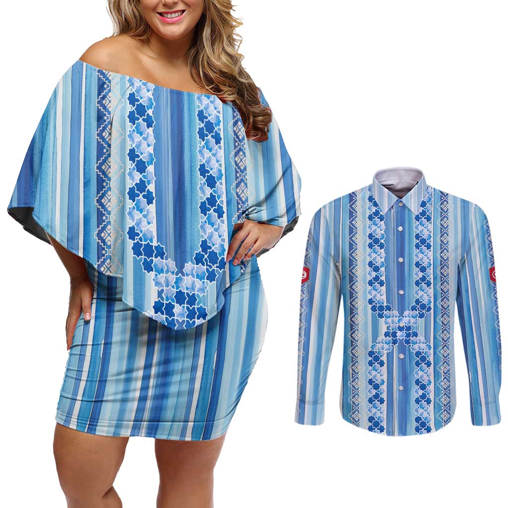 Tunisian Mosaic Pattern Couples Matching Off Shoulder Short Dress and Long Sleeve Button Shirt with Blue Stripes and Traditional Tile Design
