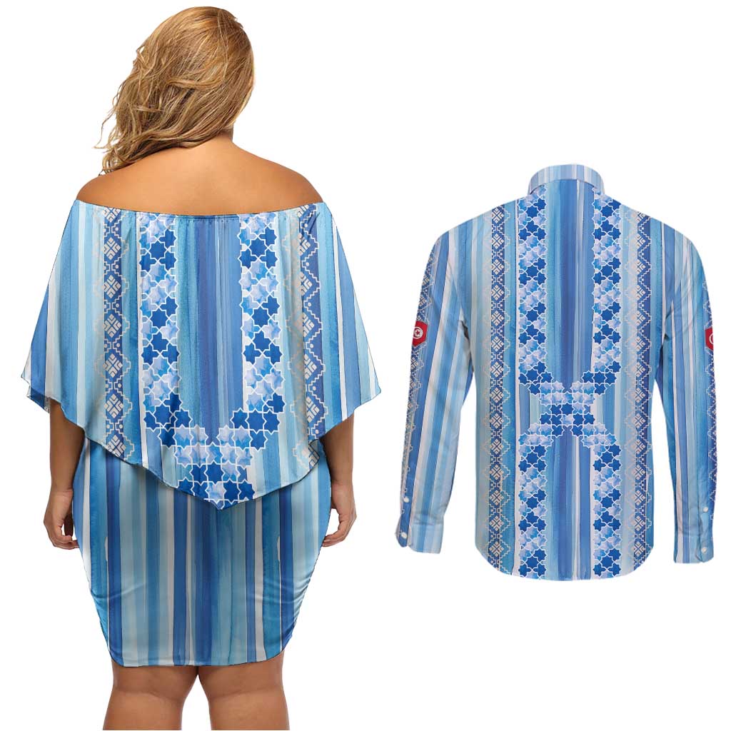 Tunisian Mosaic Pattern Couples Matching Off Shoulder Short Dress and Long Sleeve Button Shirt with Blue Stripes and Traditional Tile Design