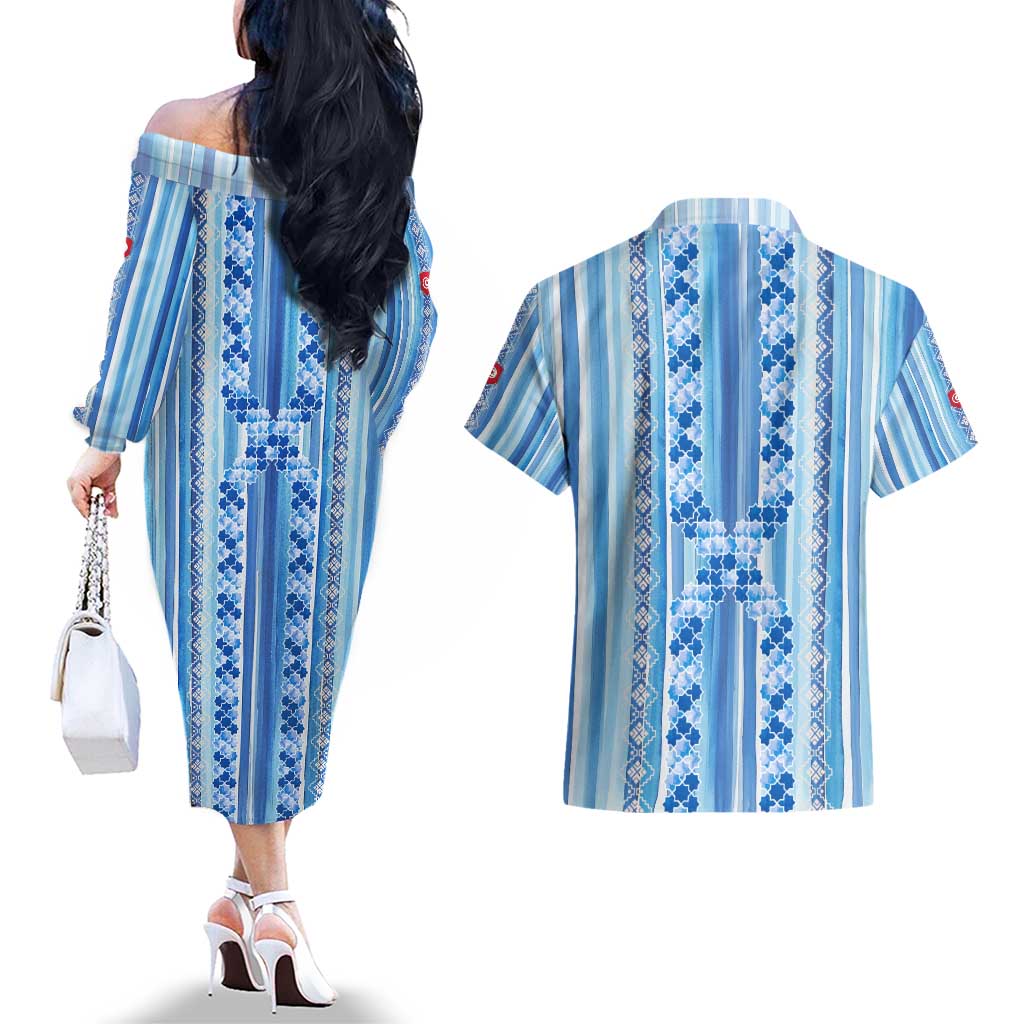 Tunisian Mosaic Pattern Couples Matching Off The Shoulder Long Sleeve Dress and Hawaiian Shirt with Blue Stripes and Traditional Tile Design