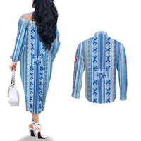 Tunisian Mosaic Pattern Couples Matching Off The Shoulder Long Sleeve Dress and Long Sleeve Button Shirt with Blue Stripes and Traditional Tile Design