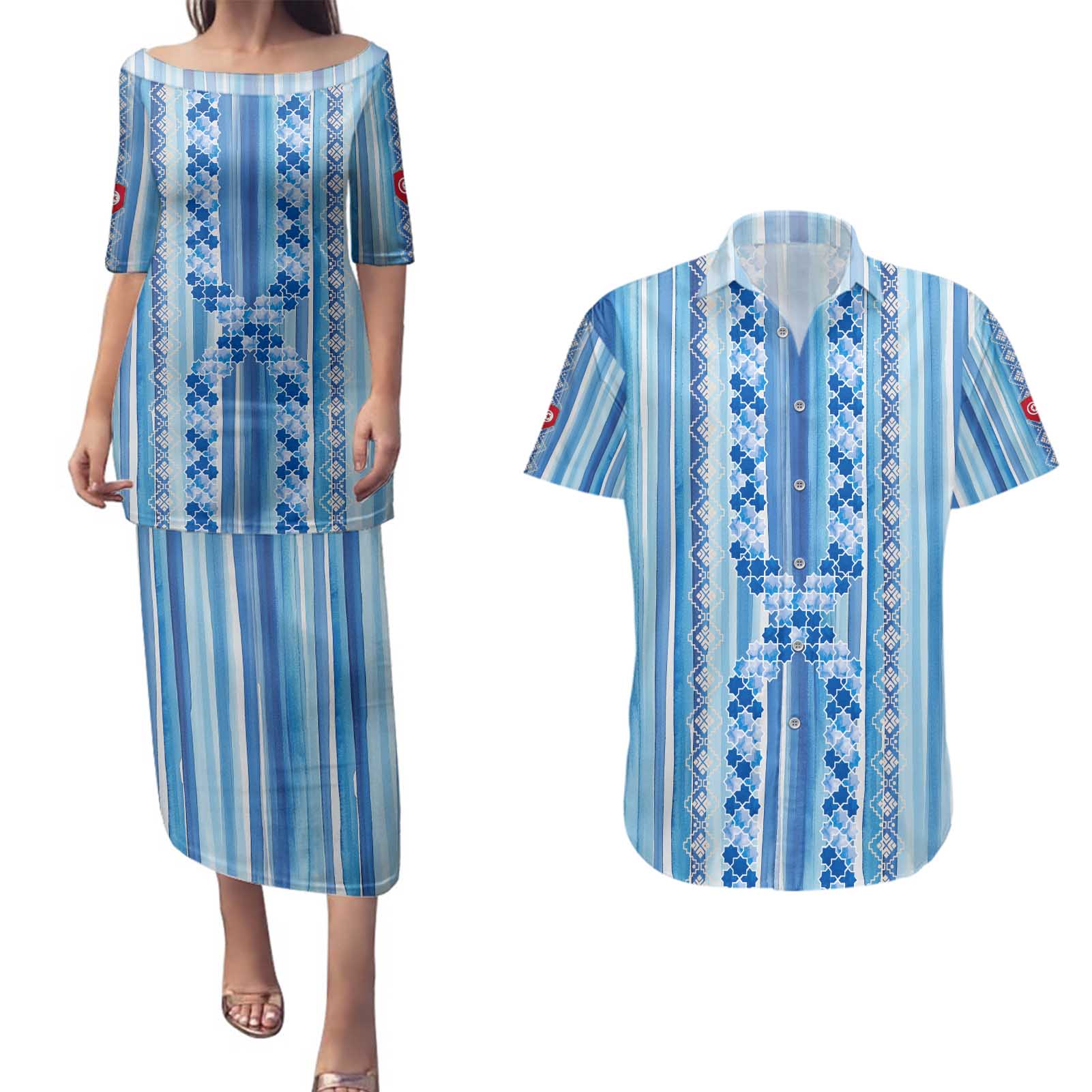 Tunisian Mosaic Pattern Couples Matching Puletasi and Hawaiian Shirt with Blue Stripes and Traditional Tile Design