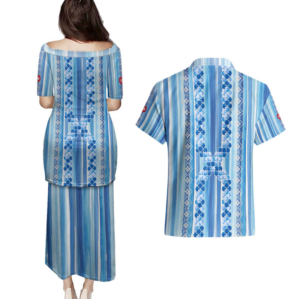 Tunisian Mosaic Pattern Couples Matching Puletasi and Hawaiian Shirt with Blue Stripes and Traditional Tile Design
