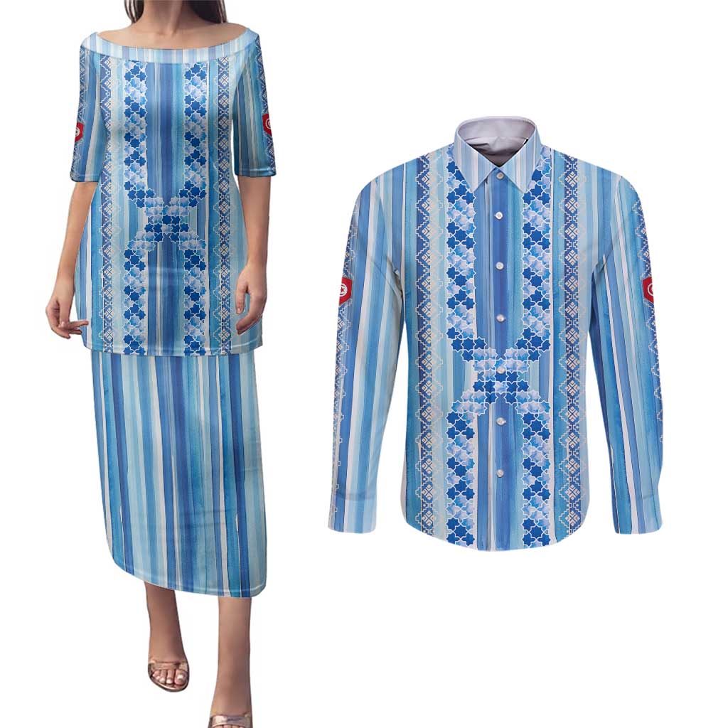 Tunisian Mosaic Pattern Couples Matching Puletasi and Long Sleeve Button Shirt with Blue Stripes and Traditional Tile Design