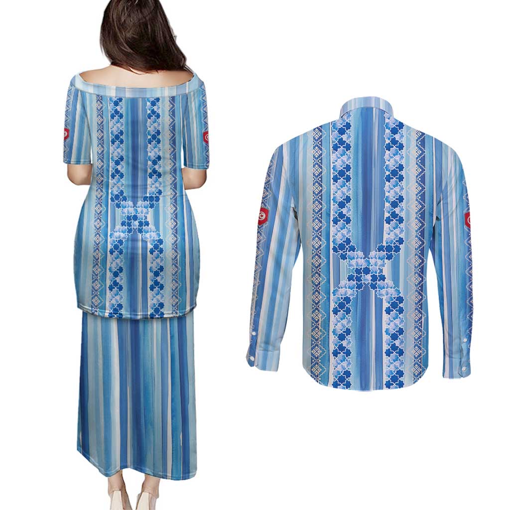 Tunisian Mosaic Pattern Couples Matching Puletasi and Long Sleeve Button Shirt with Blue Stripes and Traditional Tile Design
