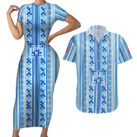 Tunisian Mosaic Pattern Couples Matching Short Sleeve Bodycon Dress and Hawaiian Shirt with Blue Stripes and Traditional Tile Design