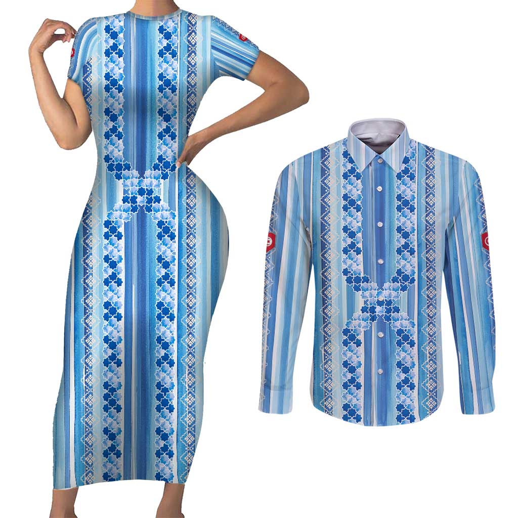 Tunisian Mosaic Pattern Couples Matching Short Sleeve Bodycon Dress and Long Sleeve Button Shirt with Blue Stripes and Traditional Tile Design