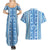 Tunisian Mosaic Pattern Couples Matching Summer Maxi Dress and Hawaiian Shirt with Blue Stripes and Traditional Tile Design