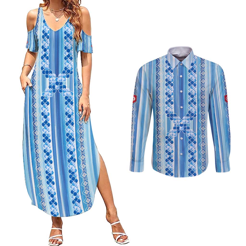 Tunisian Mosaic Pattern Couples Matching Summer Maxi Dress and Long Sleeve Button Shirt with Blue Stripes and Traditional Tile Design