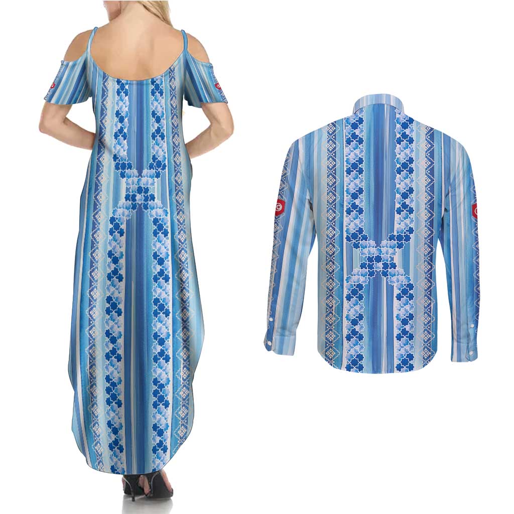 Tunisian Mosaic Pattern Couples Matching Summer Maxi Dress and Long Sleeve Button Shirt with Blue Stripes and Traditional Tile Design